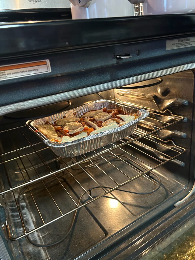 Ziti placed on top rack of oven