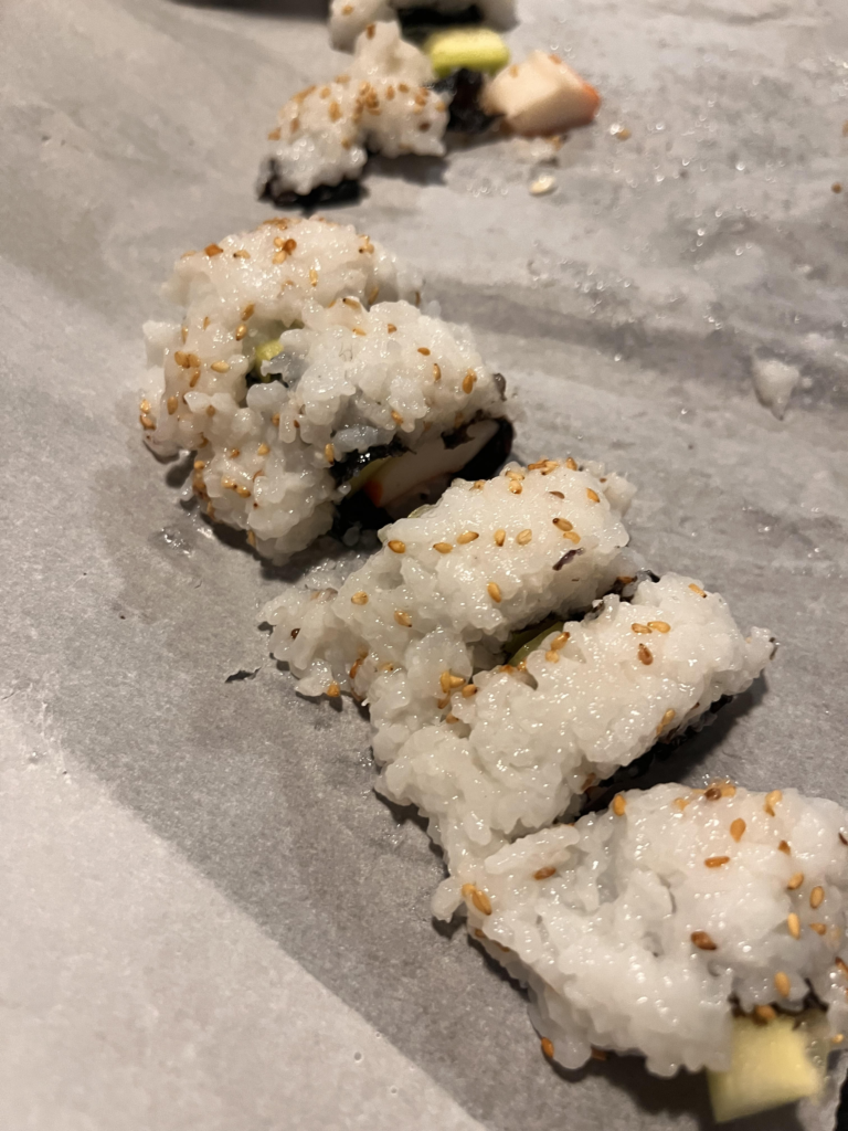 sushi roll sliced into five pieces