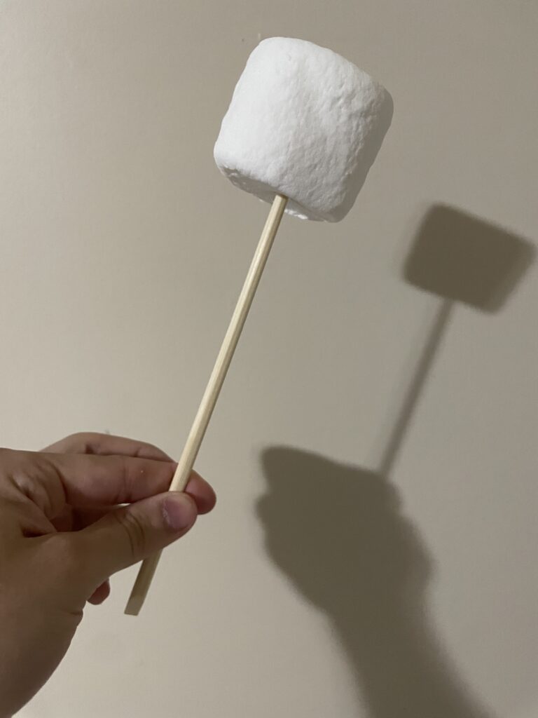 Marshmallow skewered on the end of a chopstick