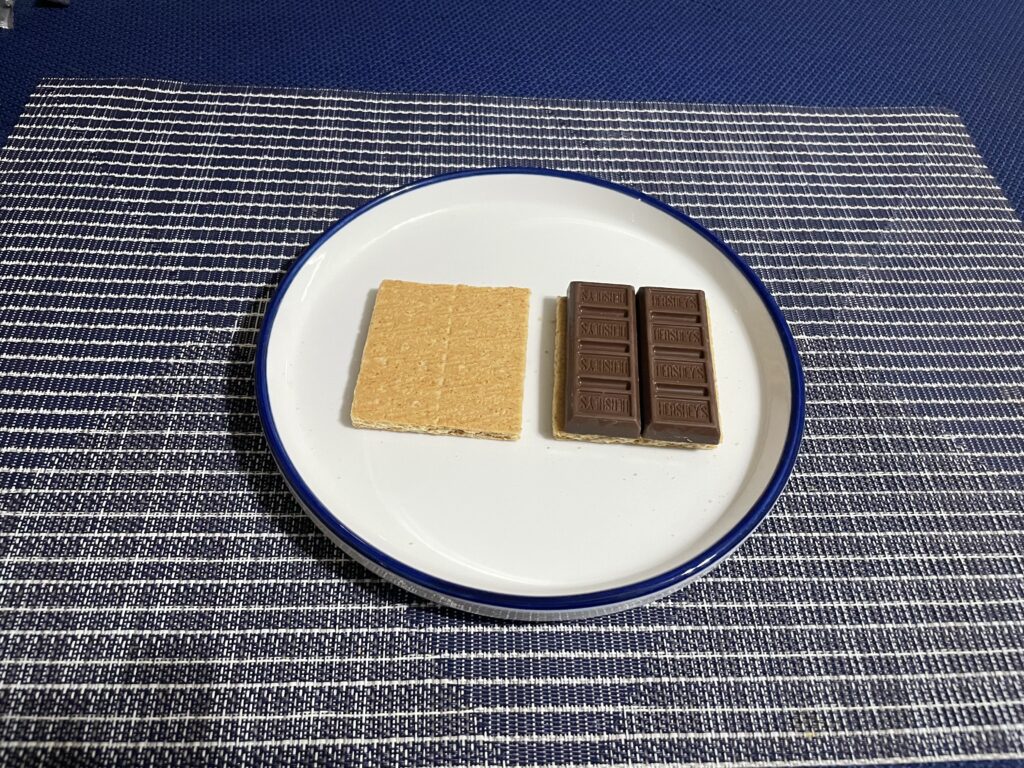 Two halves of a graham cracker on a small plate with chocolate covering one of the halves