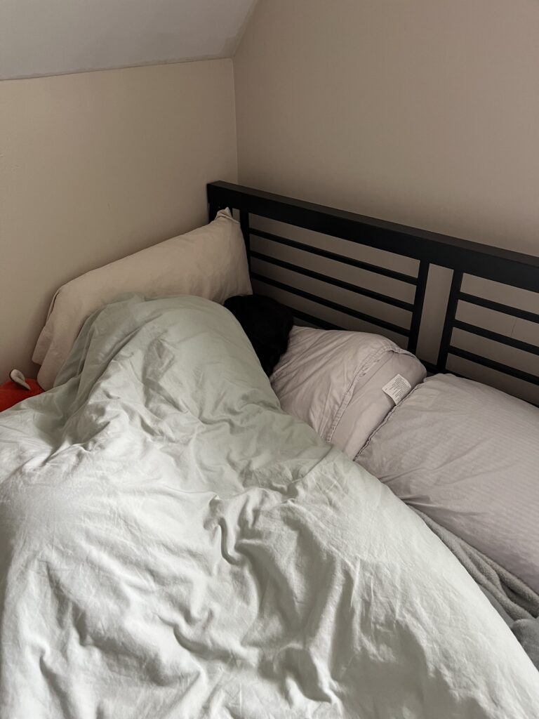 A person lying in bed facing the wall, tucked snugly under blankets with pillows surrounding them, creating a cozy and peaceful sleeping environment