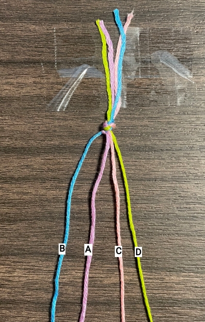 This is a photo of the bracelet once the first knot is completed. This is what the bracelet will look like prior to completing the first stripe (in step 7)